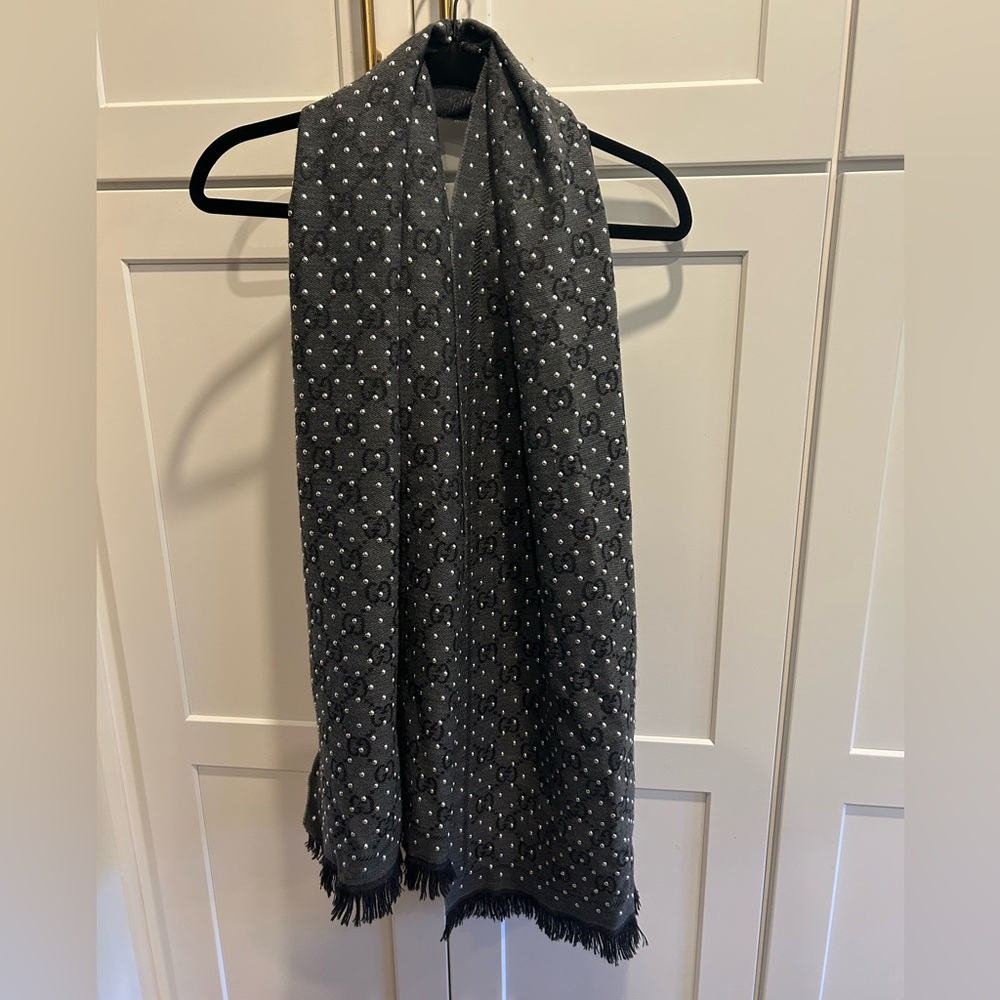Gucci Rare Vintage Supreme Wool Studded Dark Grey & Silver Reversible GG Scarf